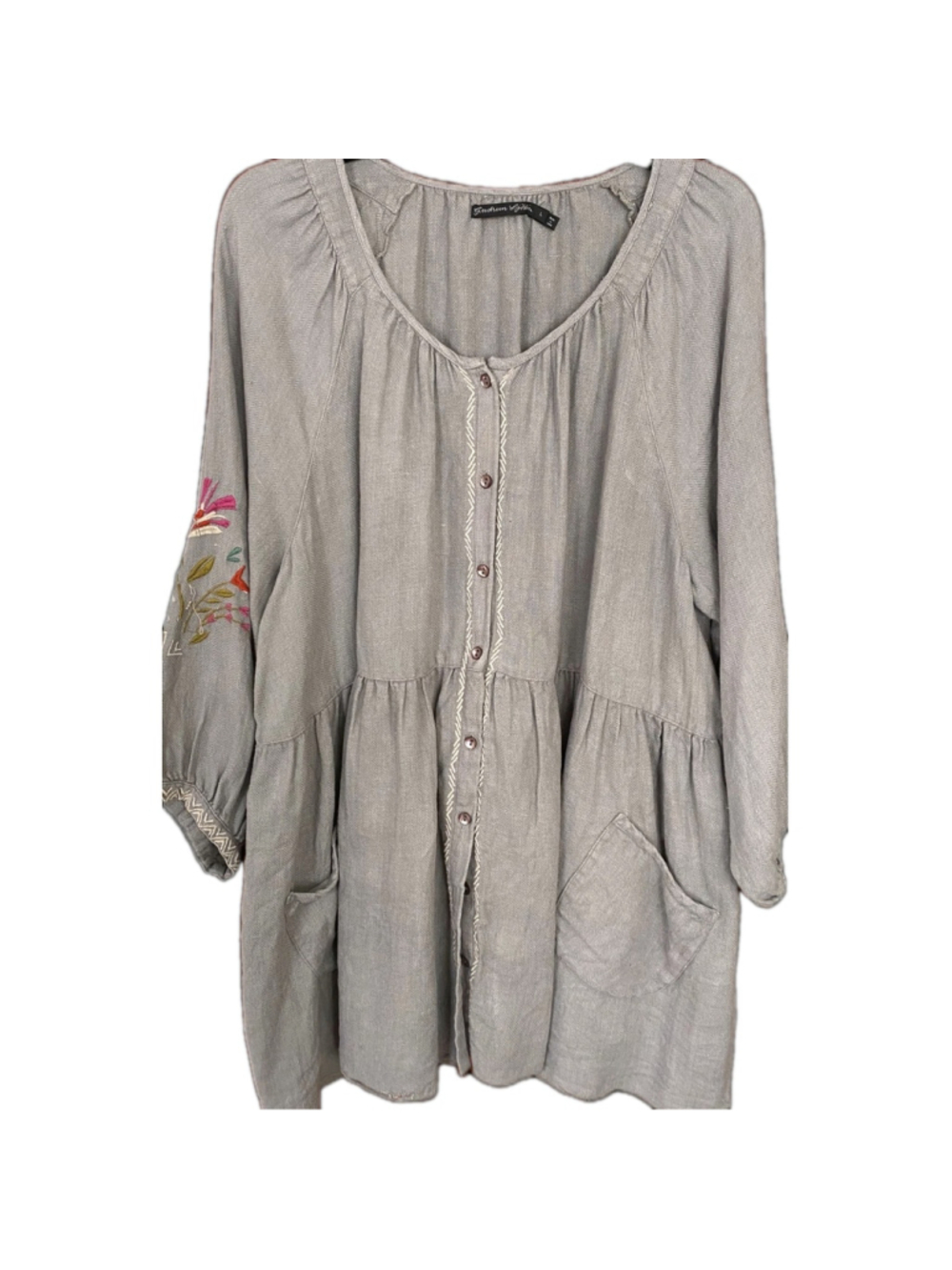 Gudrun Sjoden Girlang Tunic Womens L Gray Linen Floral Embroidered Lagenlook
